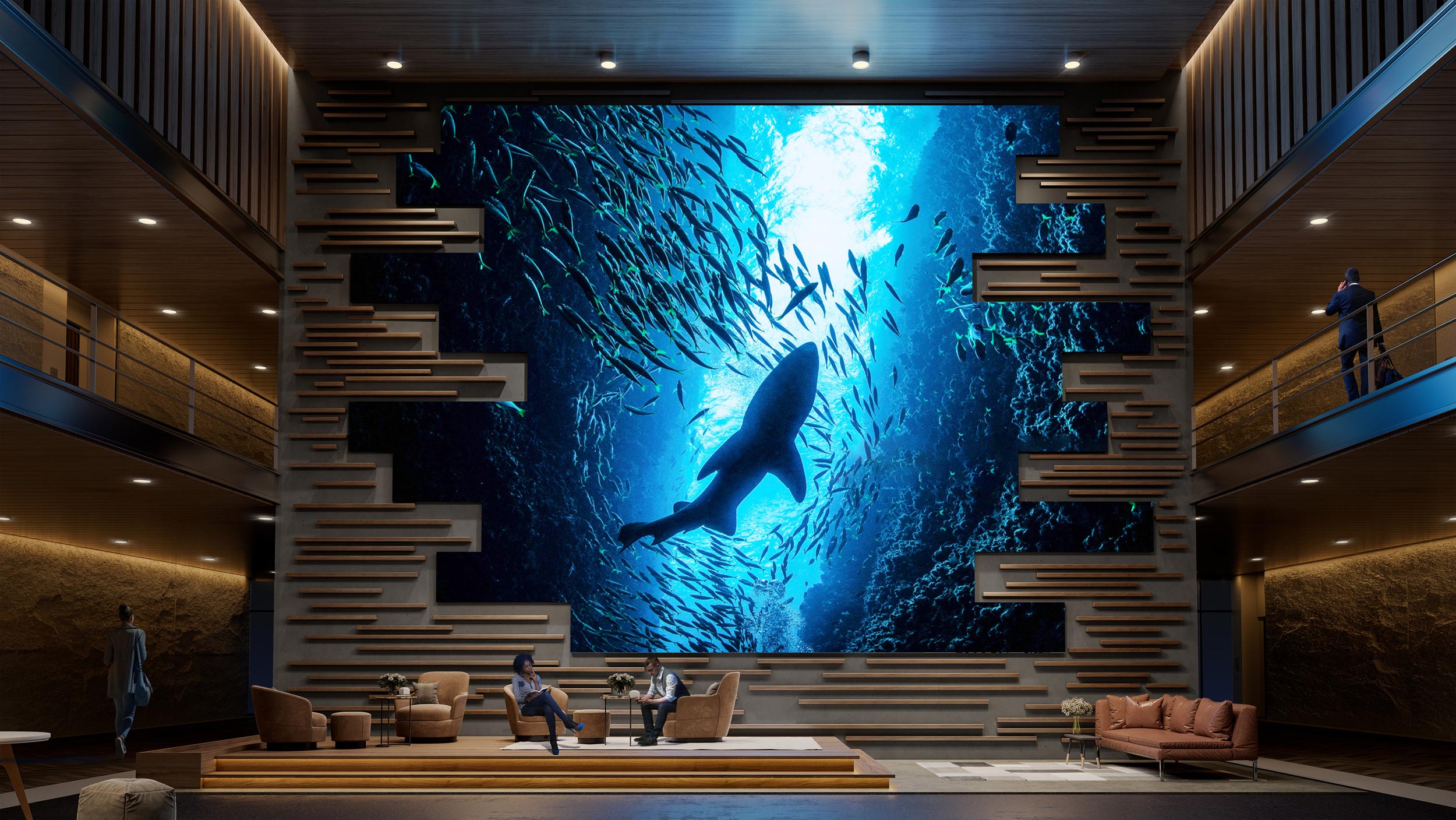 Modern lounge with a large digital ocean-themed video wall