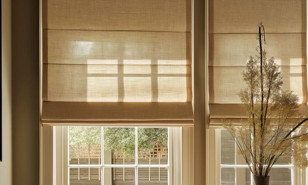 Beige roman blinds filtering sunlight through large windows