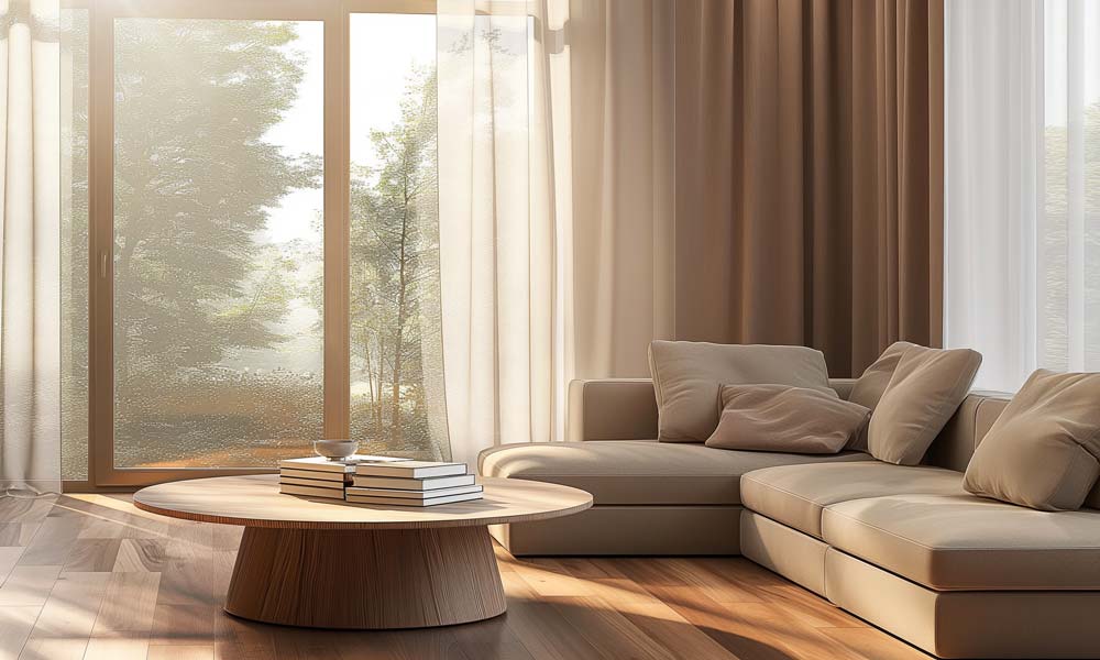 Living room with sheer beige curtains glowing in sunlight