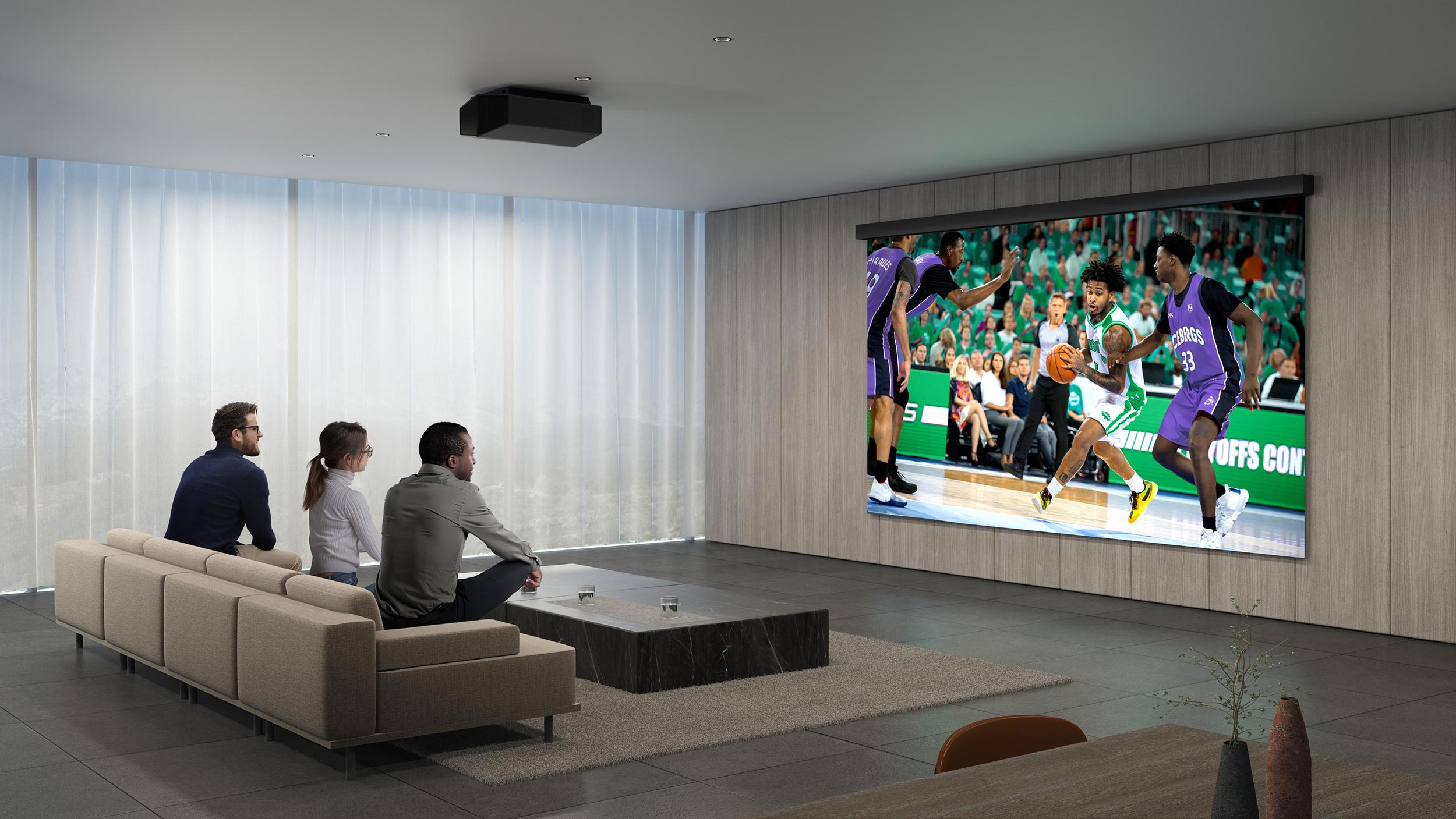 A sleek modern living space with a ceiling projector showing a basketball game on a wall-mounted screen.